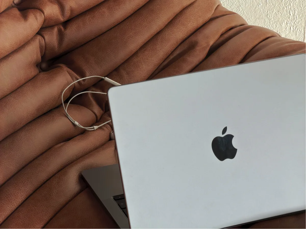 Laptop on a leather sofa